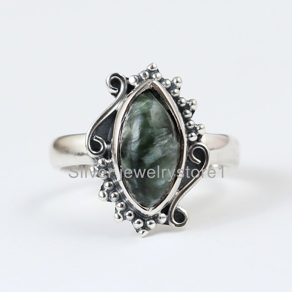 Natural Green Seraphinite Ring, Natural Gemstone Ring, Seraphinite Jewelry, Handmade Ring, Women Ring, 6x12 Mm Marquise Ring, Solitaire Ring