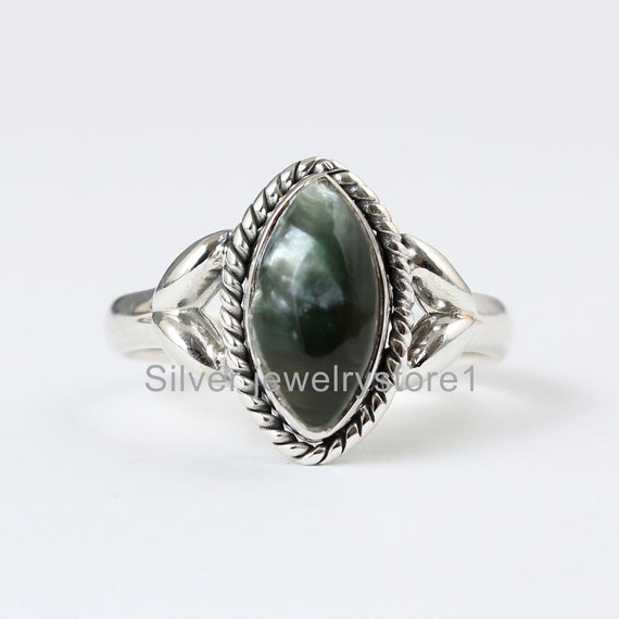 Natural Green Seraphinite Silver Ring, Seraphinite Jewelry, Handmade Ring, Womens Ring, 6x12 Mm Marquise Ring, Gemstone Ring, Boho Ring