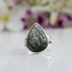 Shop Seraphinite Jewelry! Seraphinite Stone Ring, Sterling Silver Ring, Natural Gemstone, Pear Gemstone Ring, Cabochon Gemstone, Split Band Ring, Statement Ring, Boho | Natural genuine Seraphinite jewelry. Buy crystal jewelry, handmade handcrafted artisan jewelry for women.  Unique handmade gift ideas. #jewelry #beadedjewelry #beadedjewelry #gift #shopping #handmadejewelry #fashion #style #product #jewelry #affiliate #ad