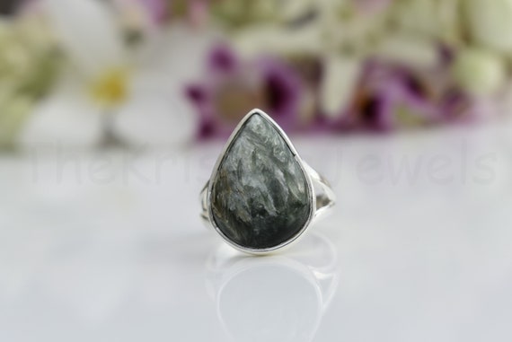 Seraphinite Stone Ring, Sterling Silver Ring, Natural Gemstone, Pear Gemstone Ring, Cabochon Gemstone, Split Band Ring, Statement Ring, Boho