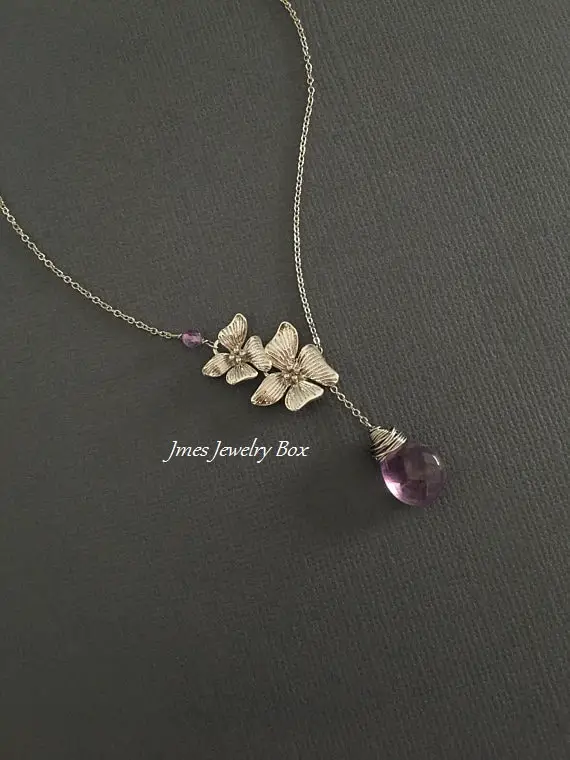 Silver Orchid Necklace With Wire Wrapped Ametrine Drop, Ametrine Necklace, Orchid Lariat, Gemstone Lariat, Amethyst Lariat Necklace