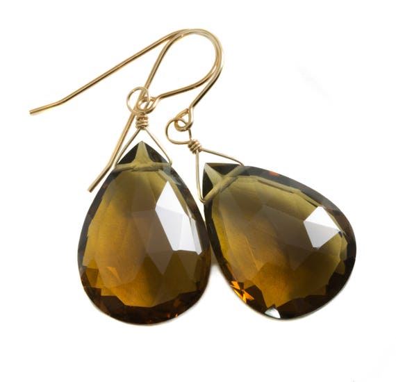 Whiskey Cognac Smokey Quartz Earrings Sterling Silver Or 14k Solid Yellow Gold Or Yellow Or Rose Filled Large Teardrop Natural Classic Drops