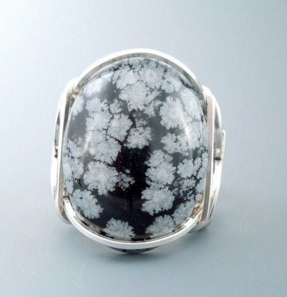 Handcrafted Sterling Silver Large Snowflake Obsidian Cabochon Wire Wrapped Ring