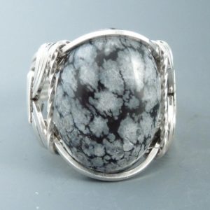 Sterling Silver Snowflake Obsidian Cabochon Wire Wrapped Ring | Natural genuine Gemstone rings, simple unique handcrafted gemstone rings. #rings #jewelry #shopping #gift #handmade #fashion #style #affiliate #ad