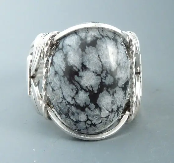 Sterling Silver Snowflake Obsidian Cabochon Wire Wrapped Ring