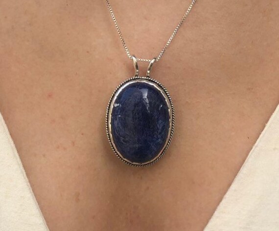 Blue Gemstone Pendant, Natural Sodalite Necklace, Statement Blue Necklace, Vintage Necklace, Oval Sodalite Pendant, Solid Silver Necklace