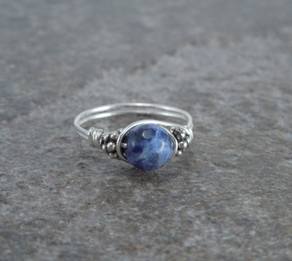 Faceted Sodalite Sterling Silver Bali Bead Ring - Any Size
