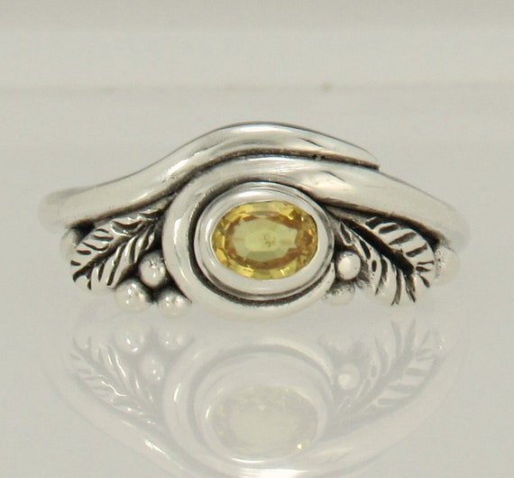 Sterling Silver 5x4 Yellow Sapphire Ring With Leaf Design, Handmade One Of A Kind Made In The Usa With Free Domestic Shipping, Size 7+