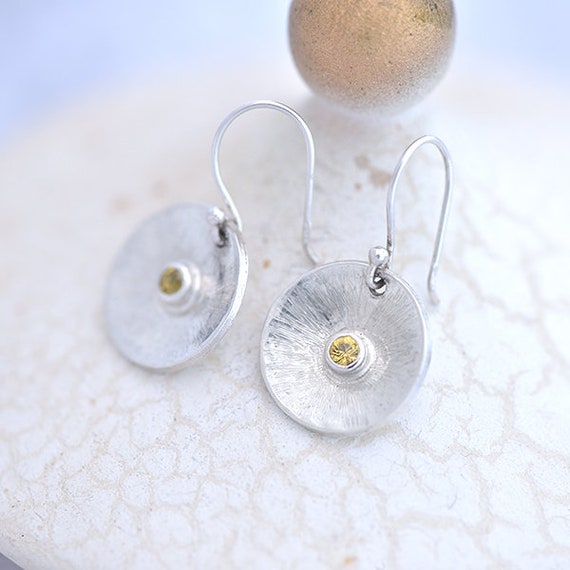 Handmade Yellow Sapphire Earrings, Round Sterling Silver And Sapphire Gemstone Earrings