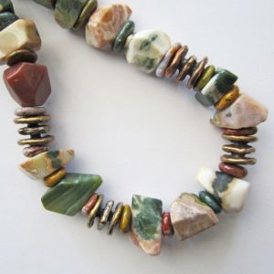 Shop Ocean Jasper Necklaces! Striking Ocean Jasper & Bronze Necklace for Men and Women | Natural genuine Ocean Jasper necklaces. Buy handcrafted artisan men's jewelry, gifts for men.  Unique handmade mens fashion accessories. #jewelry #beadednecklaces #beadedjewelry #shopping #gift #handmadejewelry #necklaces #affiliate #ad