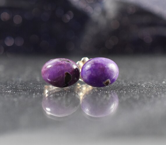 Sugilite Sterling Silver Post Earrings With 6 X 8 Mm Sugilite Cabochon ,sugilite Stud Earrings Lightweight Modern Minimalist Design,