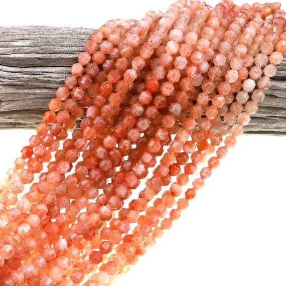 Faceted Natural Sunstone 3mm 4mm 6mm Beads Faceted Energy Prism Double Terminated Points Multi Shaded Gemstone 15.5" Strand