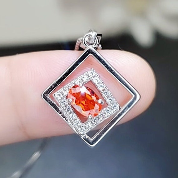Tiny Geometric Sunstone Necklace -sun Stone Pendant - 18kgp @sterling Silver - Double Square Orange Gemstone Jewelry 029