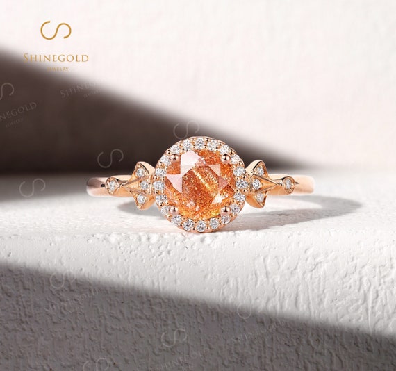 Vintage Round Cut African Sunstone Engagement Ring Rose Gold Art Deco Ring Unique Halo Diamond/moissanite Ring Prong Set Anniversary Ring