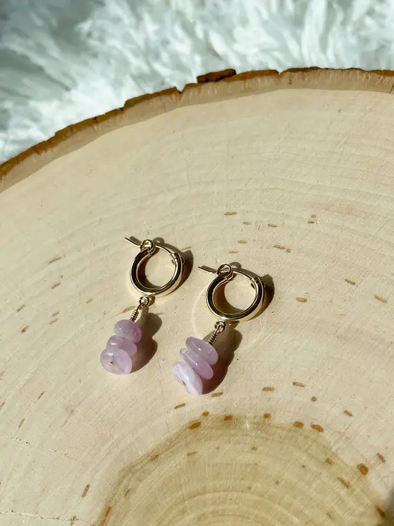 The Mountains Hoops // Kunzite // Road Trip Collection // Purple Gemstone // Dainty Earring // Dangle Hoop // Hoop Earring // Natural Gem
