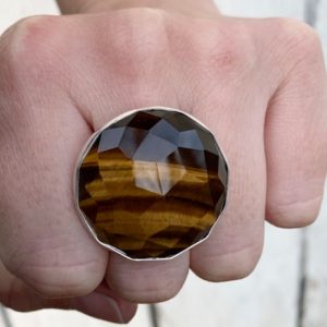 Boho Chic Large Round Geometric Rose Cut Golden Tiger Eye Statement Ring in Sterling Silver | Tiger Eye Ring | Statement Ring | Brown Stone | Natural genuine Tiger Eye rings, simple unique handcrafted gemstone rings. #rings #jewelry #shopping #gift #handmade #fashion #style #affiliate #ad
