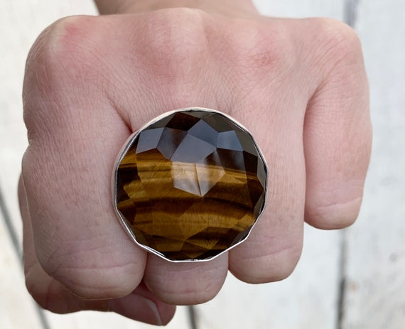 Boho Chic Large Round Geometric Rose Cut Golden Tiger Eye Statement Ring In Sterling Silver | Tiger Eye Ring | Statement Ring | Brown Stone