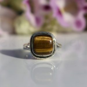 Shop Tiger Eye Rings! Tiger Eye Ring, Sterling Silver Ring, Cushion Ring, Statement Ring, Cabochon Stone, Split Band Ring, Dainty Ring, Boho Ring, Christmas Sale | Natural genuine Tiger Eye rings, simple unique handcrafted gemstone rings. #rings #jewelry #shopping #gift #handmade #fashion #style #affiliate #ad