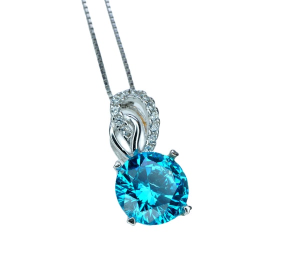 Blue Topaz Necklace - Sterling Silver Solitaire 8 Mm Blue Topaz Jewelry - 18k @ Sterling Silver Blue Topaz Pendant 082