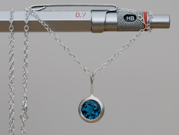 Blue Topaz Lollipop Necklace, London Blue Topaz Pendant In Silver
