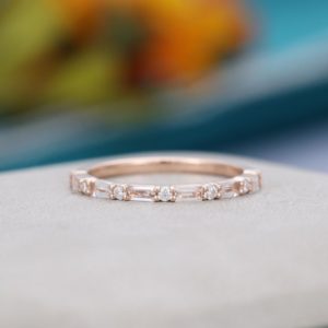 Rose Gold White Topaz Wedding Band Women Unique Baguette Moissanite Ring Vintage Half Eternity Bridal Set Matching Stacking Promise Gift | Natural genuine Gemstone rings, simple unique alternative gemstone engagement rings. #rings #jewelry #bridal #wedding #jewelryaccessories #engagementrings #weddingideas #affiliate #ad