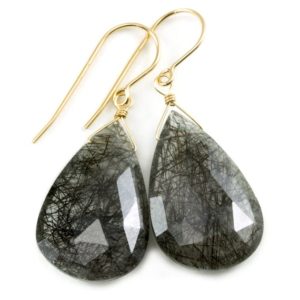 Shop Tourmalinated Quartz Earrings! Black Rutile Tourmalated Quartz Earrings 14k Solid Yellow Gold or Filled or Sterling Silver Faceted Large Long Rutilated Drops Teardrops | Natural genuine Tourmalinated Quartz earrings. Buy crystal jewelry, handmade handcrafted artisan jewelry for women.  Unique handmade gift ideas. #jewelry #beadedearrings #beadedjewelry #gift #shopping #handmadejewelry #fashion #style #product #earrings #affiliate #ad
