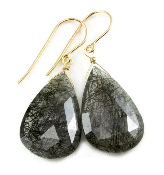 Black Rutile Tourmalated Quartz Earrings 14k Solid Yellow Gold Or Filled Or Sterling Silver Faceted Large Long Rutilated Drops Teardrops