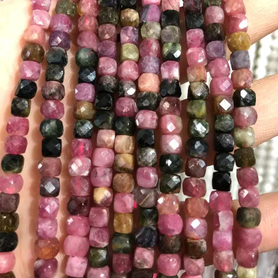 A+ Rainbow Tourmaline Faceted Beads, Natural Gemstone Beads, Cube Stone Beads 4mm-5mm 15''