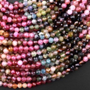 Micro Faceted Natural Multicolor Tourmaline Round Beads 3mm 4mm Pink Green Blue Cognac Gradient Shades 15.5" Strand | Natural genuine faceted Tourmaline beads for beading and jewelry making.  #jewelry #beads #beadedjewelry #diyjewelry #jewelrymaking #beadstore #beading #affiliate #ad