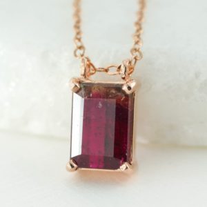 Rose Gold Crimson Red Tourmaline Pendant, Prong Set Heart Chakra Pendant, Emerald Cut Pendant, Gift for Girlfriend, Anniversary Gift | Natural genuine Tourmaline pendants. Buy crystal jewelry, handmade handcrafted artisan jewelry for women.  Unique handmade gift ideas. #jewelry #beadedpendants #beadedjewelry #gift #shopping #handmadejewelry #fashion #style #product #pendants #affiliate #ad