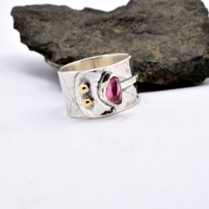 Shop Tourmaline Rings! Tourmaline ring sterling silver wide band artisan ring size 6 1/4 silver and gold statement ring oxidized silver October birthstone | Natural genuine Tourmaline rings, simple unique handcrafted gemstone rings. #rings #jewelry #shopping #gift #handmade #fashion #style #affiliate #ad