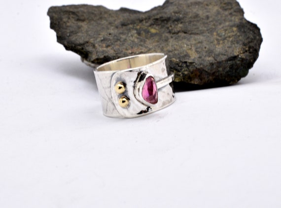 Tourmaline Ring Sterling Silver Wide Band Artisan Ring Size 6 1/4 Silver And Gold Statement Ring Oxidized Silver October Birthstone