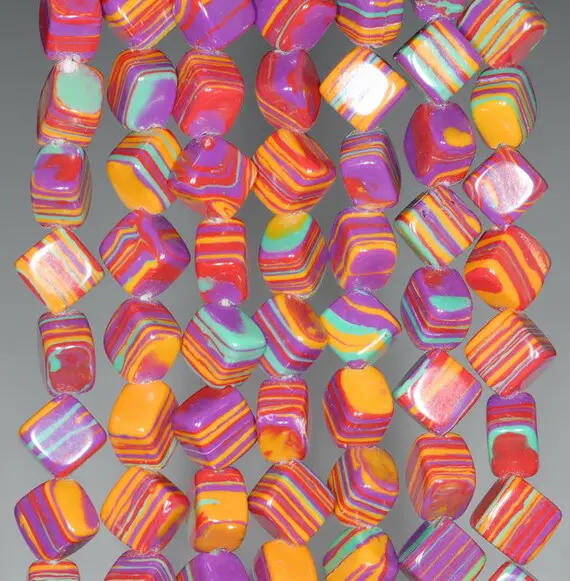 9mm Rainbow Matrix Turquoise Gemstone Square Cube Diagonal Loose Beads 15.5 Inch Full Strand (90183334-a154)
