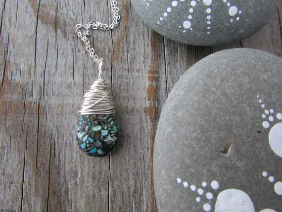 Turquoise Pendant, Stabilized Turquoise, Wire Wrapped Necklace