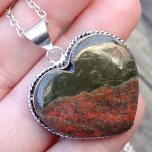 Shop Unakite Pendants! 925 – Large Unakite Heart Necklace, Sterling Silver, Natural Stone Green Orange Unakite Pendant, OOAK, Green Heart Necklace, Statement Heart | Natural genuine Unakite pendants. Buy crystal jewelry, handmade handcrafted artisan jewelry for women.  Unique handmade gift ideas. #jewelry #beadedpendants #beadedjewelry #gift #shopping #handmadejewelry #fashion #style #product #pendants #affiliate #ad