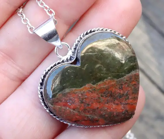 925 - Large Unakite Heart Necklace, Sterling Silver, Natural Stone Green Orange Unakite Pendant, Ooak, Green Heart Necklace, Statement Heart