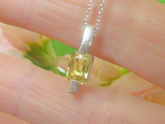 Unheated Yellow Sapphire Pendant 1.08ct Emerald Cut Unheated Yellow Sapphire Bar Necklace. Sterling Silver. Chain Included, Choice Of Length