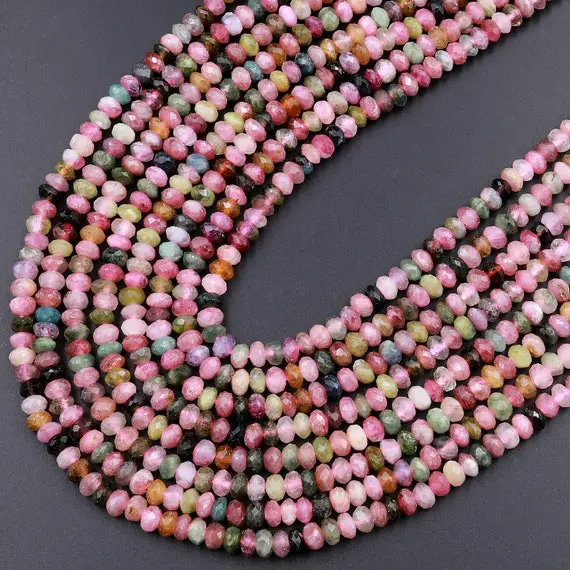 Aaa Natural Multicolor Watermelon Tourmaline Micro Faceted Rondelle Beads 5mm Pink Green Gemstone 15.5" Strand