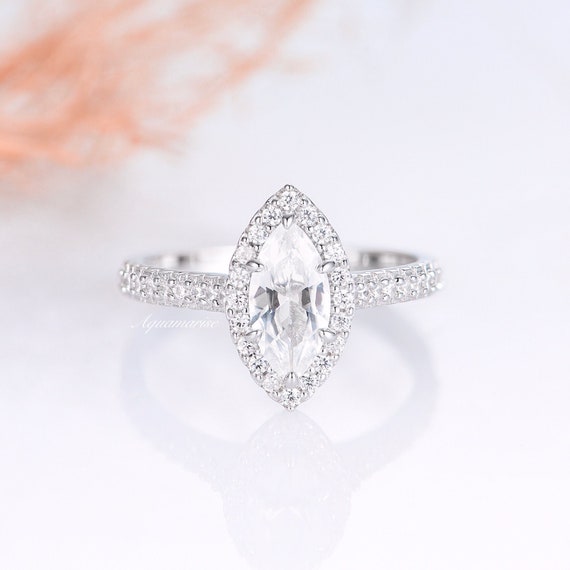 Marquise White Sapphire Ring – Classic Halo Ring In Sterling Silver, Lab Grown Sapphire Engagement Or Promise Ring