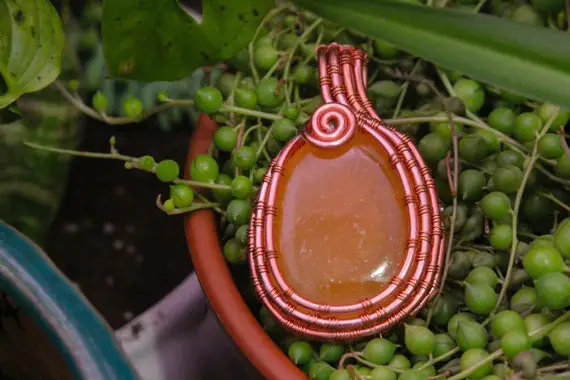 Wire Wrapped, Orange Calcite And Copper Wire Wrapped Pendant One Of A Kind (no Chain)