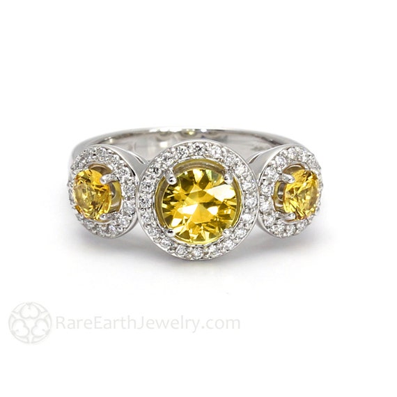 3 Stone Yellow Sapphire Engagement Ring Natural Yellow Sapphire Ring Diamond Halo Style Unique Engagement Ring