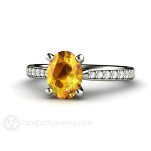 Shop Yellow Sapphire Jewelry! Yellow Sapphire Engagement Ring Oval Sapphire Solitaire With Diamonds 14k Gold Gemstone Ring | Natural genuine Yellow Sapphire jewelry. Buy handcrafted artisan wedding jewelry.  Unique handmade bridal jewelry gift ideas. #jewelry #beadedjewelry #gift #crystaljewelry #shopping #handmadejewelry #wedding #bridal #jewelry #affiliate #ad