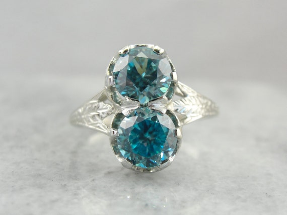 Incredible Art Deco, Double Blue Zircon Cocktail Ring In White Gold  T45mmd-r