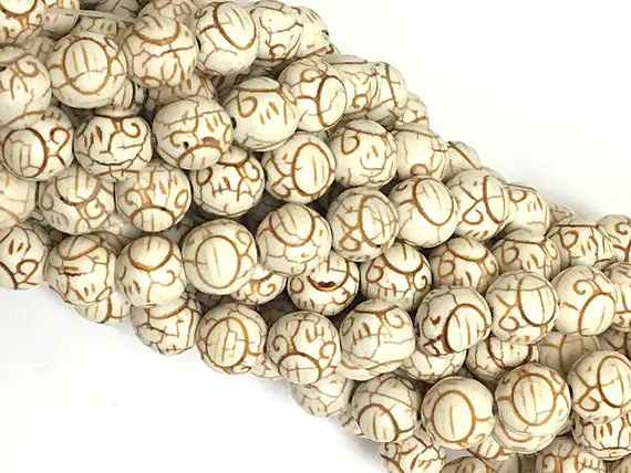11mm Antique White Carved Magnesite Beads,  Round Full 15" Strand Approx. 35 Beads, White Gemstone Beads - Smag028