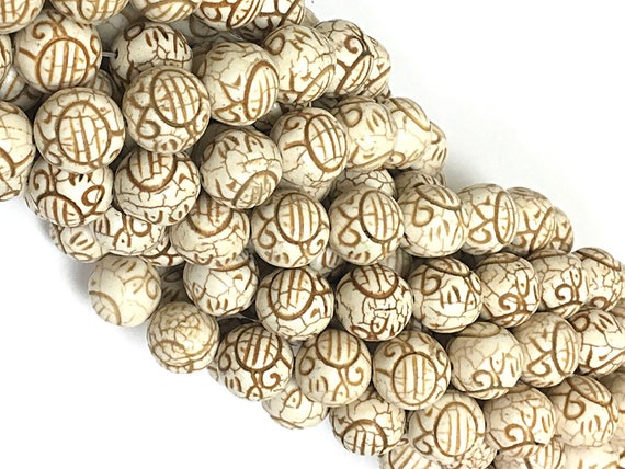 15mm Cream White Carved Magnesite Beads, Round Full 16" Strand Approx. 27 Beads, White Gemstone Beads - Smag035