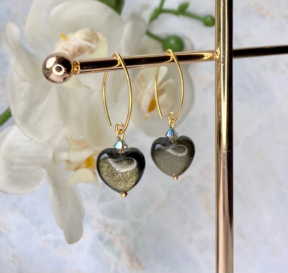 24k Gold Vermeil Earrings, Golden Obsidian Earrings, Golden Obsidian Jewellery, Heart Earrings, Swarovski Earrings, Gift For Her