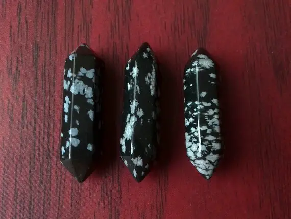3 Pieces - Hexagon Faceted Natural Snowflake Obsidian Stone Point Double Terminated Wand Stick 30mm