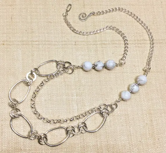 36” Silver Chain & White Magnesite Necklace For Women, Multi Strand Necklace For Her, Statement Necklace, Silver Jewelry Gift For Women,