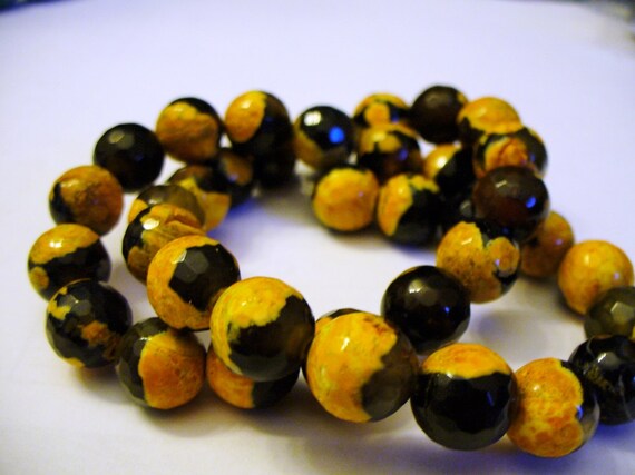 Agate Beads Gemstone Black And Orange Faceted Round 10mm