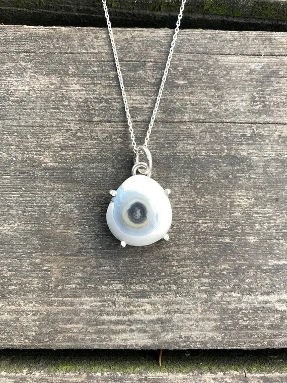 Natural Angel Eye Agate Silver Necklace, White Eye Agate Pendant, Special Collection Piece, Eye Agate Jewelry, Completely Handmade & Silver